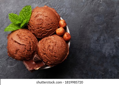 Chocolate With Nuts Ice Cream Scoopes. Top View Flat Lay With Copy Space