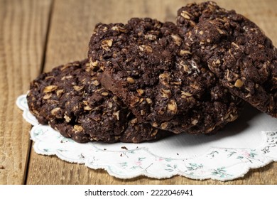 Chocolate Oatmeal Cookies On Wooden Table