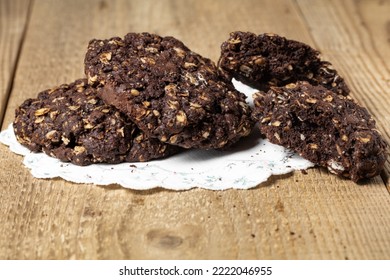 Chocolate Oatmeal Cookies On Wooden Table