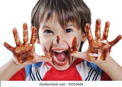 Chocolate On Hands And Face, Funny Cute Boy