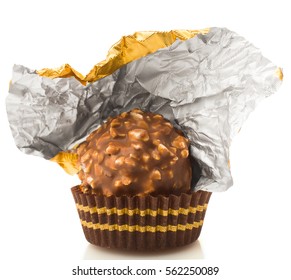 Chocolate With An Open Gold Candy Wrapper, On A White Background, Isolated