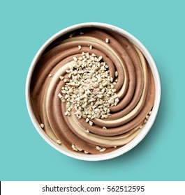 Chocolate And Peanut Ice Cream On Blue Background, Top View