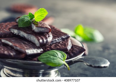 Chocolate Peppermint Cookies With Mint Leaves.