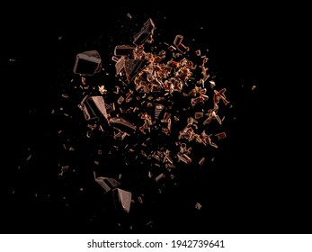 Chocolate Pieces And Curls Explosion On Black Background