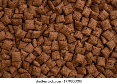 Chocolate Pillows Background Texture, Brown Choco Cereal Pads Pattern, Crispy Corn Flakes Wallpaper, Healthy Sweet Snack For Breakfast Mockup With Copy Space Top View