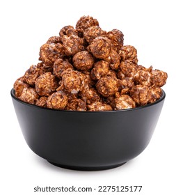 Chocolate Popcorn in bowl on white background, Chocolate Mushroom Popcorn isolate on white with clipping path.