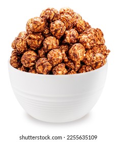Chocolate Popcorn in white paper cardboard bucket isolated on white background, Chocolate Mushroom Popcorn on white With work path.