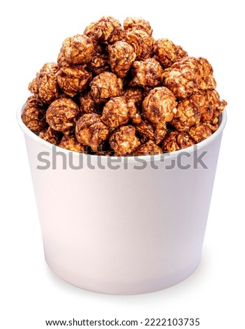 Chocolate Popcorn in white paper cardboard bucket isolated on white background, Chocolate Mushroom Popcorn on white With work path.