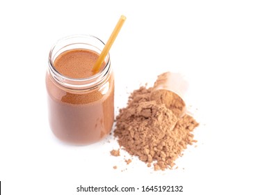 Chocolate Protein Powder Shake Isolated On A White Background