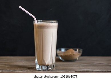 Chocolate Protein Shake. Healthy Sport Fitness Drink With Whey Protein. Chocolate Smoothie.