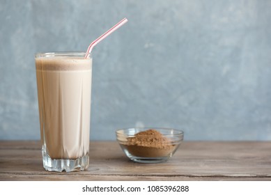 Chocolate Protein Shake. Healthy Sport Fitness Drink With Whey Protein. Chocolate Smoothie.