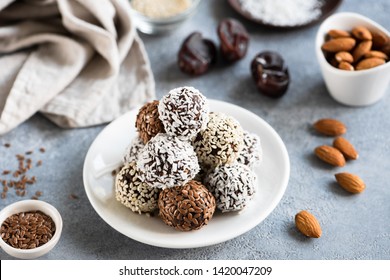 Chocolate Protein Truffles Or Vegan Candy Or Energy Balls With Seeds, Dates And Nuts