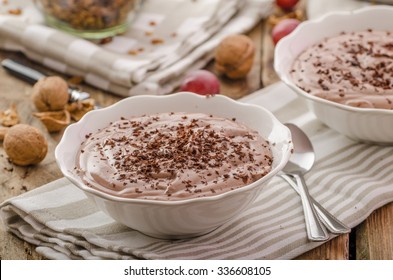 Chocolate Pudding And Baked Granola, Delicious Start Of Day In The Cool Autumn