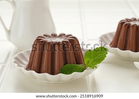 Chocolate pudding with mint leaf, served on a small white plate
