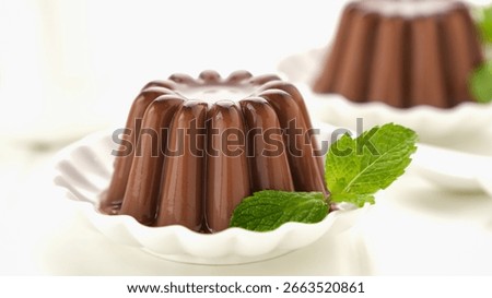 Chocolate pudding with mint leaf, served on a small white plate
