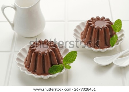 Chocolate pudding with mint leaf, served on a small white plate