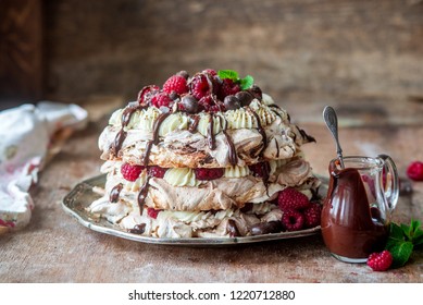 Chocolate raspberry meringue cake pavlova