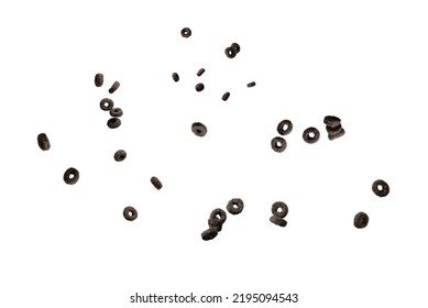 Chocolate Rings Cereal Spill Out Into A Bowl. Breakfast. Isolated On A White Background. 