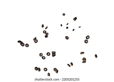 Chocolate Rings Cereal Spill Out Into A Bowl. Breakfast. Isolated On A White Background. 