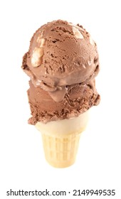 Chocolate Rocky Road Ice Cream Cone On A White Background