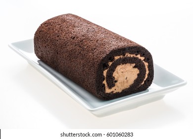 Chocolate Roll Cake In Plate Isolated On White Background