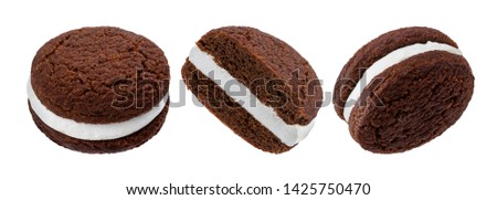 Chocolate sandwich cookies, baked biscuits stuffed with milk cream isolated on white background with clipping path, collection