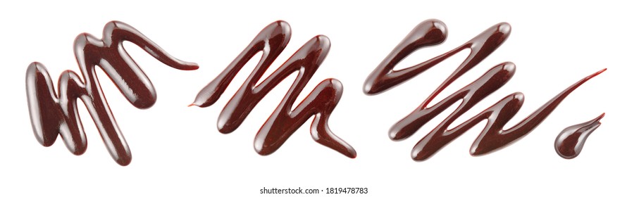 Chocolate Sauce Set Isolated. Chocolate Swirl On White Top View. Chocolate Syrup Abstract Pattern Flat Lay. Clipping Path.