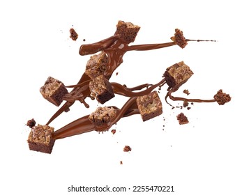 Chocolate splash with brownie pieces on white background - Shutterstock ID 2255470221