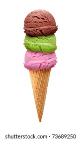 Chocolate, strawberry and green tea or mint ice creams with cone on white background