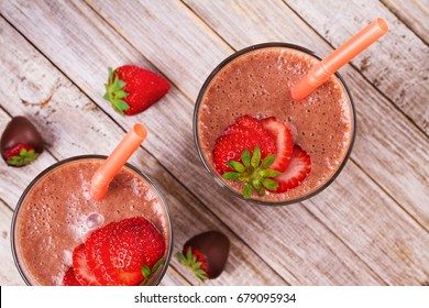 Chocolate strawberry smoothie. View from above, top studio shot