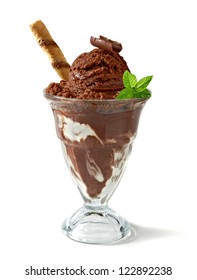 Chocolate Sundae Ice Cream With Wafer Stick In Cup On White Background