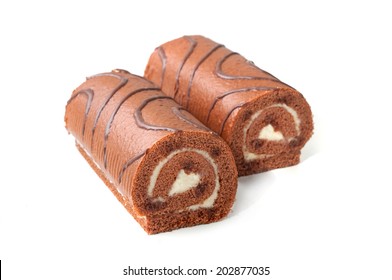 Chocolate Swiss Roll Cake Isolated On White Background