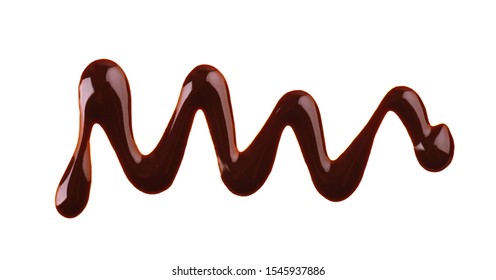 Chocolate Syrup Drizzle Isolated On White Background. Splashes Of Sweet Chocolate Sauce. Top View.