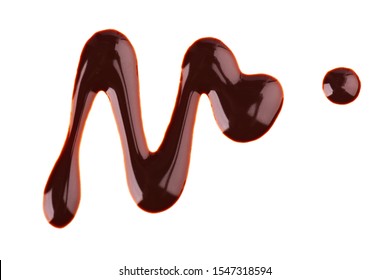 Chocolate Syrup Drizzle Isolated On White Background. Splashes Of Sweet Chocolate Sauce. Top View.