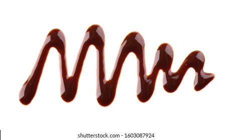 Chocolate Syrup Drizzle Isolated On White Background. Splashes Of Sweet Chocolate Sauce. Top View.