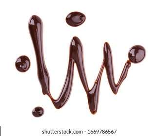 Chocolate Syrup Drizzle Isolated On White Background. Splashes Of Sweet Chocolate Sauce. Top View.