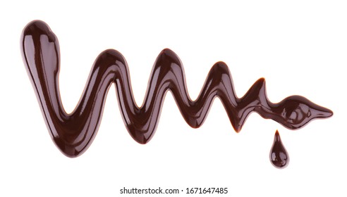 Chocolate Syrup Drizzle Isolated On White Background. Splashes Of Sweet Chocolate Sauce. Top View.