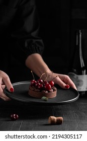 Chocolate Tart With Ganache Decorated With Fresh Cherry