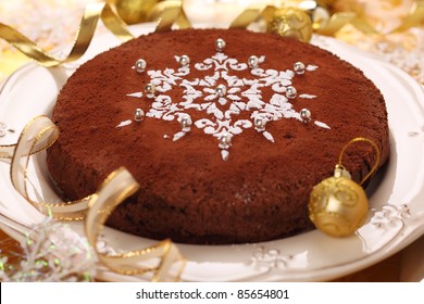 Chocolate Truffle Cake Decorated With Snowflake