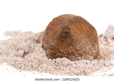 Chocolate Truffle Candy In Cappuccino Powder With White Background