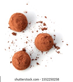 Chocolate Truffles Covered With Cocoa Isolated On White Background, Top View