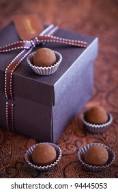 Chocolate Truffles In Gift Box, Selective Focus