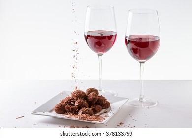 Chocolate Truffles with glass of Red Wine