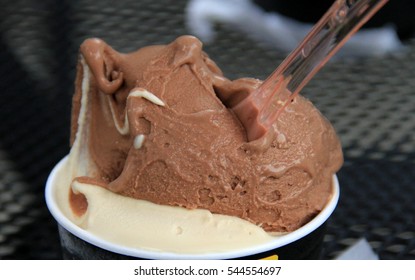 Chocolate And Vanilla Gelato In A Cup With A Spoon - This Gelato Closeup Is So Sharp You Can See The Ripples And Color Separation In This Noiseless Photo.