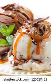 Chocolate Vanilla Ice Cream With Liquid Caramel