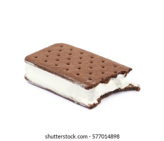 Chocolate Vanilla Ice Cream Sandwich With A Bite Taken Off It, Composition Isolated Over The White Background