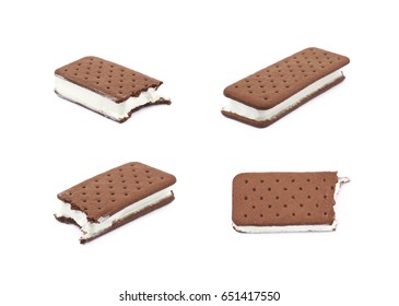 Chocolate Vanilla Ice Cream Sandwich With A Bite Taken Off It, Composition Isolated Over The White Background, Set Of Four Different Foreshortenings