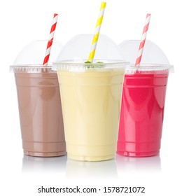 Chocolate vanilla strawberry milk shake milkshake collection straw in a cup isolated on a white background
