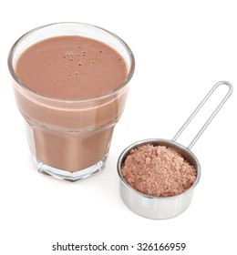 Chocolate Whey Protein Drink With Powder In A Metal Measuring Scoop Over White Background.