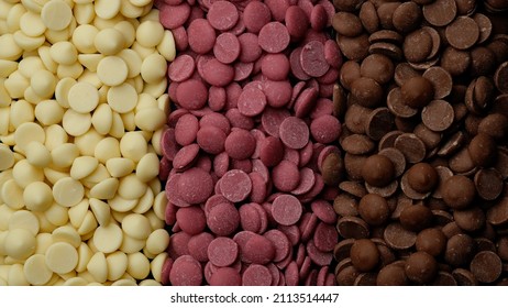 Chocolate. White, Ruby, Milk Chocolate Chips Top View. Different Types Of Chocolate